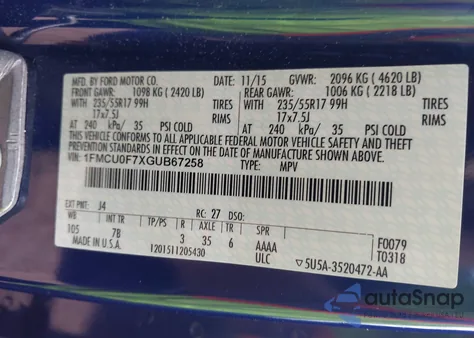 2016 Ford Escape S from USA, damaged, VIN 1FMCU0F7XGUB67258